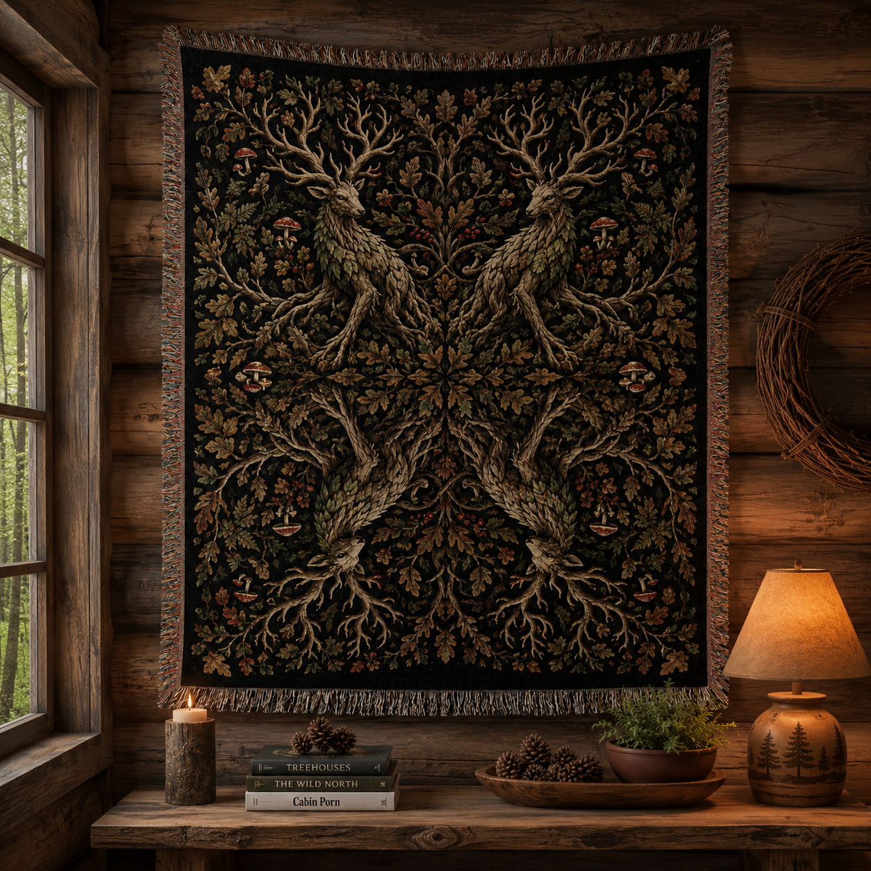 Symmetrical woodland guardian deer woven blanket displayed as rustic cabin wall decor