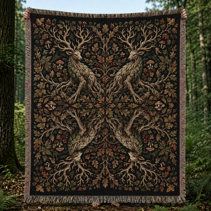 Woodland guardian deer woven throw blanket with mirrored tree stags, oak leaves and mushrooms