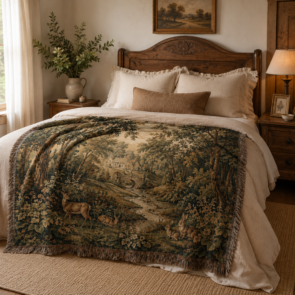 Woodland Haven woodland tapestry throw displayed across a cottage bedroom bed