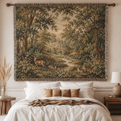 Woodland Haven woven blanket with deer rabbits stream and vintage forest tapestry design