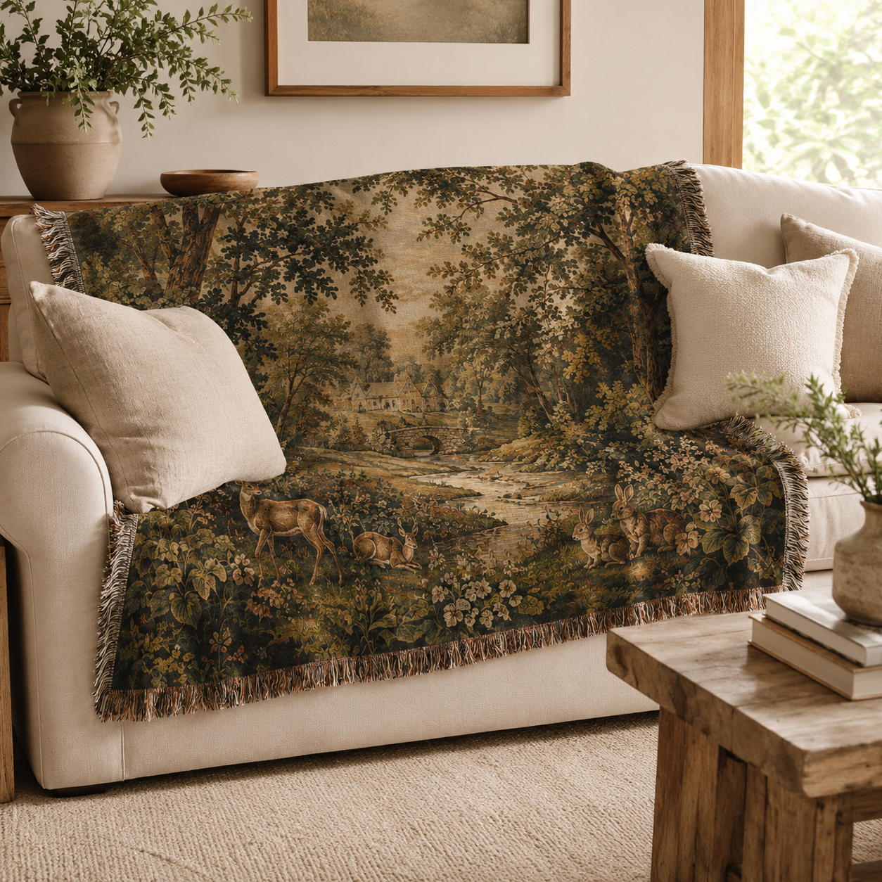 Woodland Haven forest tapestry woven blanket draped over a cream living room sofa