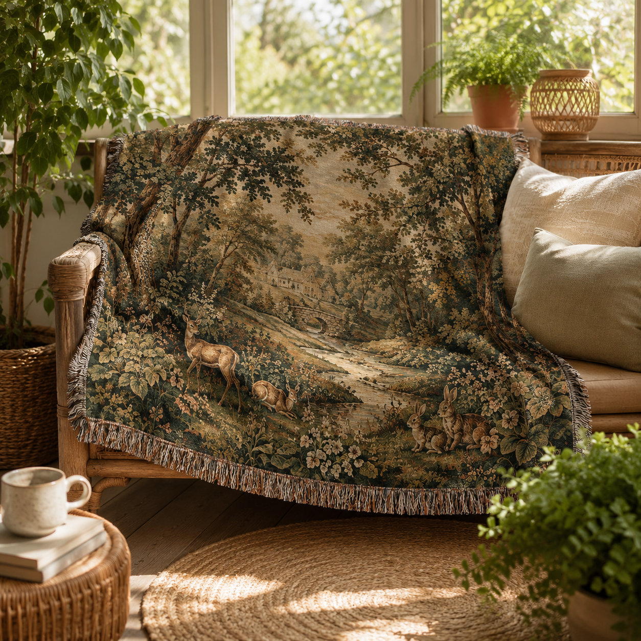 Woodland Haven woodland woven blanket draped over a sunroom bench with natural decor