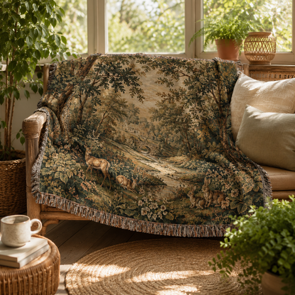 Woodland Haven woodland woven blanket draped over a sunroom bench with natural decor