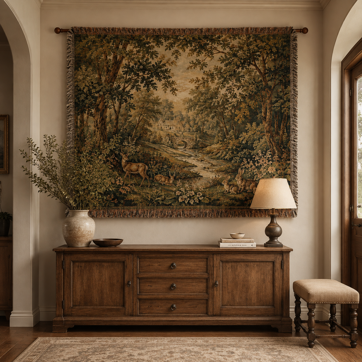 Woodland Haven woven blanket displayed as vintage forest wall tapestry above a wooden console