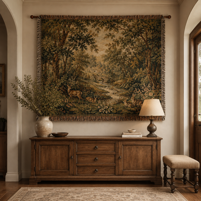 Woodland Haven woven blanket displayed as vintage forest wall tapestry above a wooden console