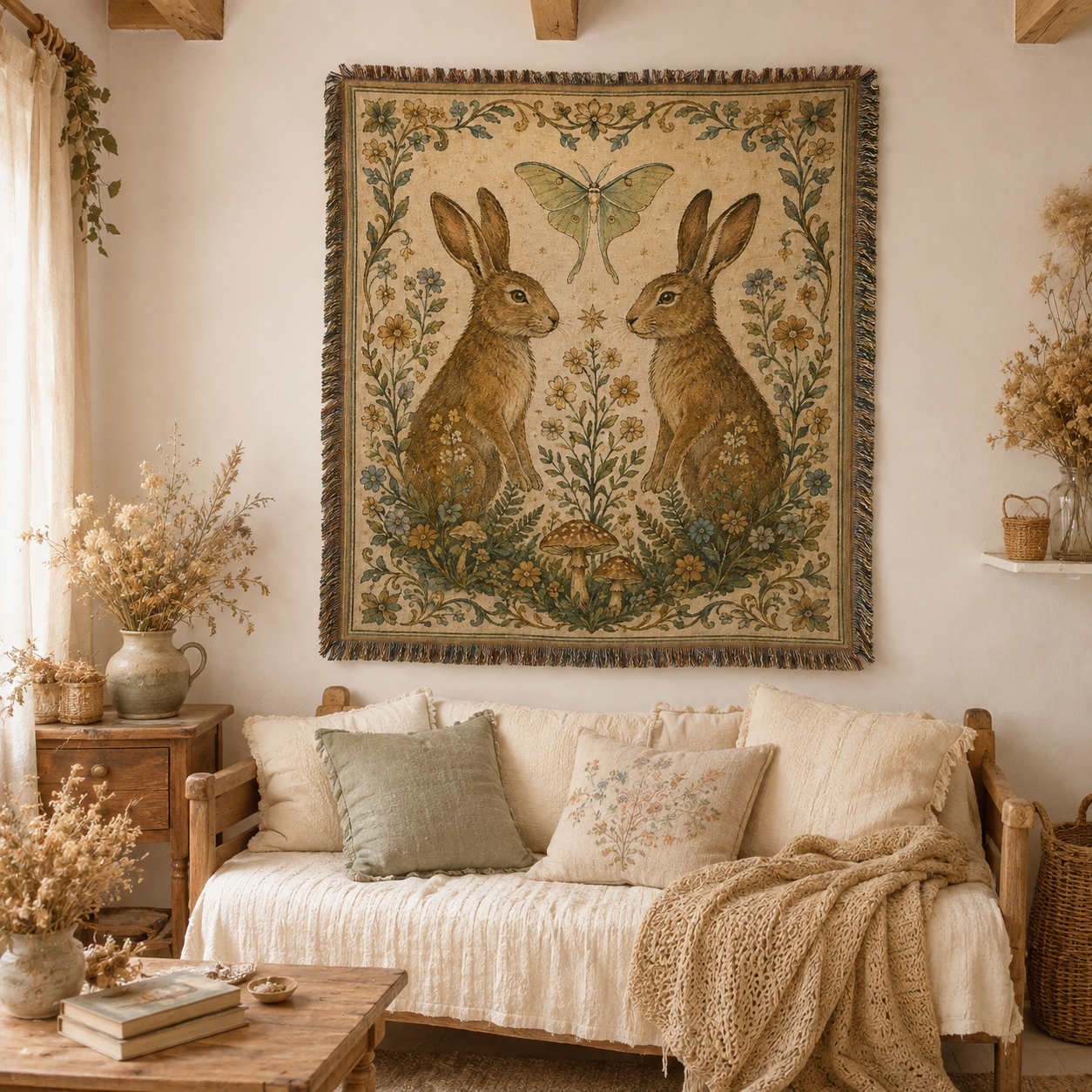 Vintage woodland rabbit tapestry hanging above a cottage-style loveseat