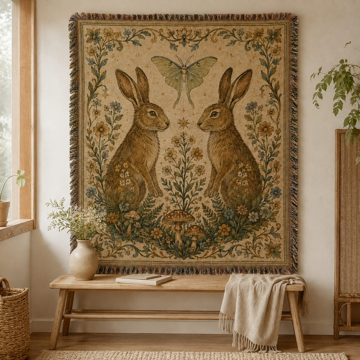 Woodland rabbit woven tapestry displayed above a wooden bench in a warm cottage interior