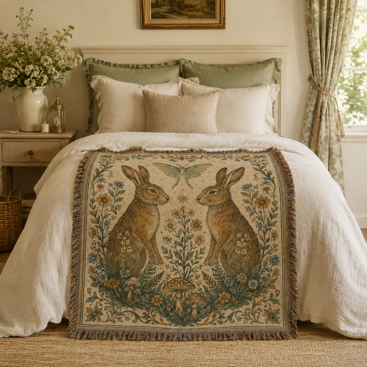 Woodland rabbit and luna moth woven blanket styled across a cottage bedroom bed