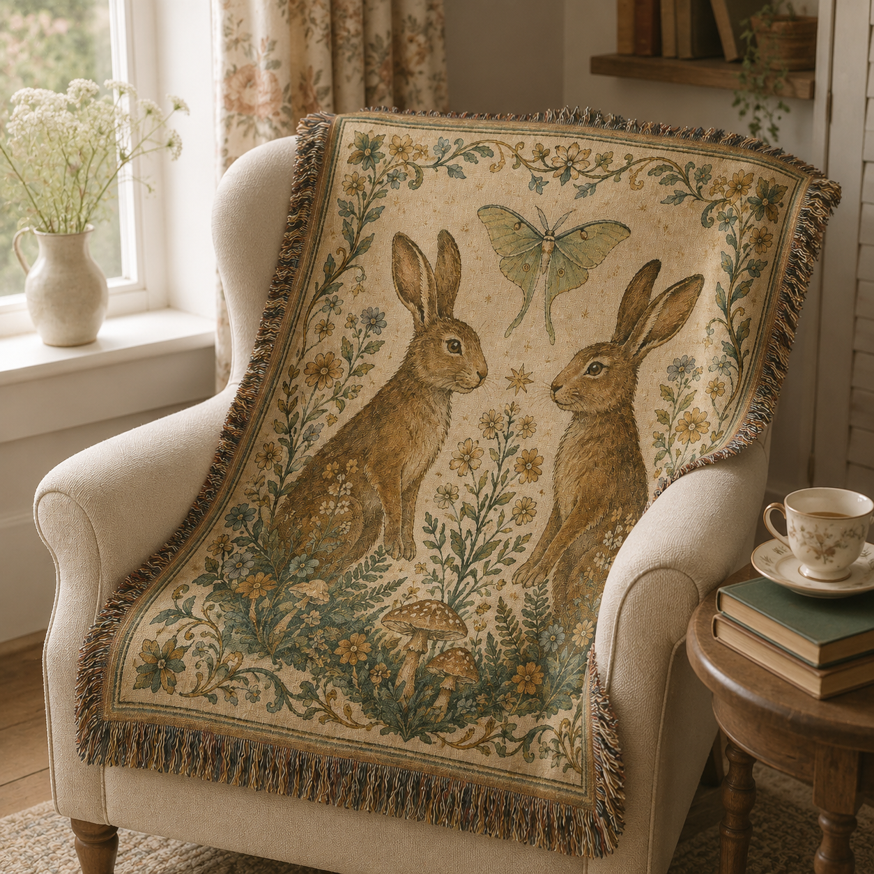 Woodland rabbit woven throw draped over an armchair in a cozy reading nook