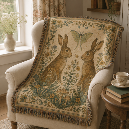 Woodland rabbit woven throw draped over an armchair in a cozy reading nook