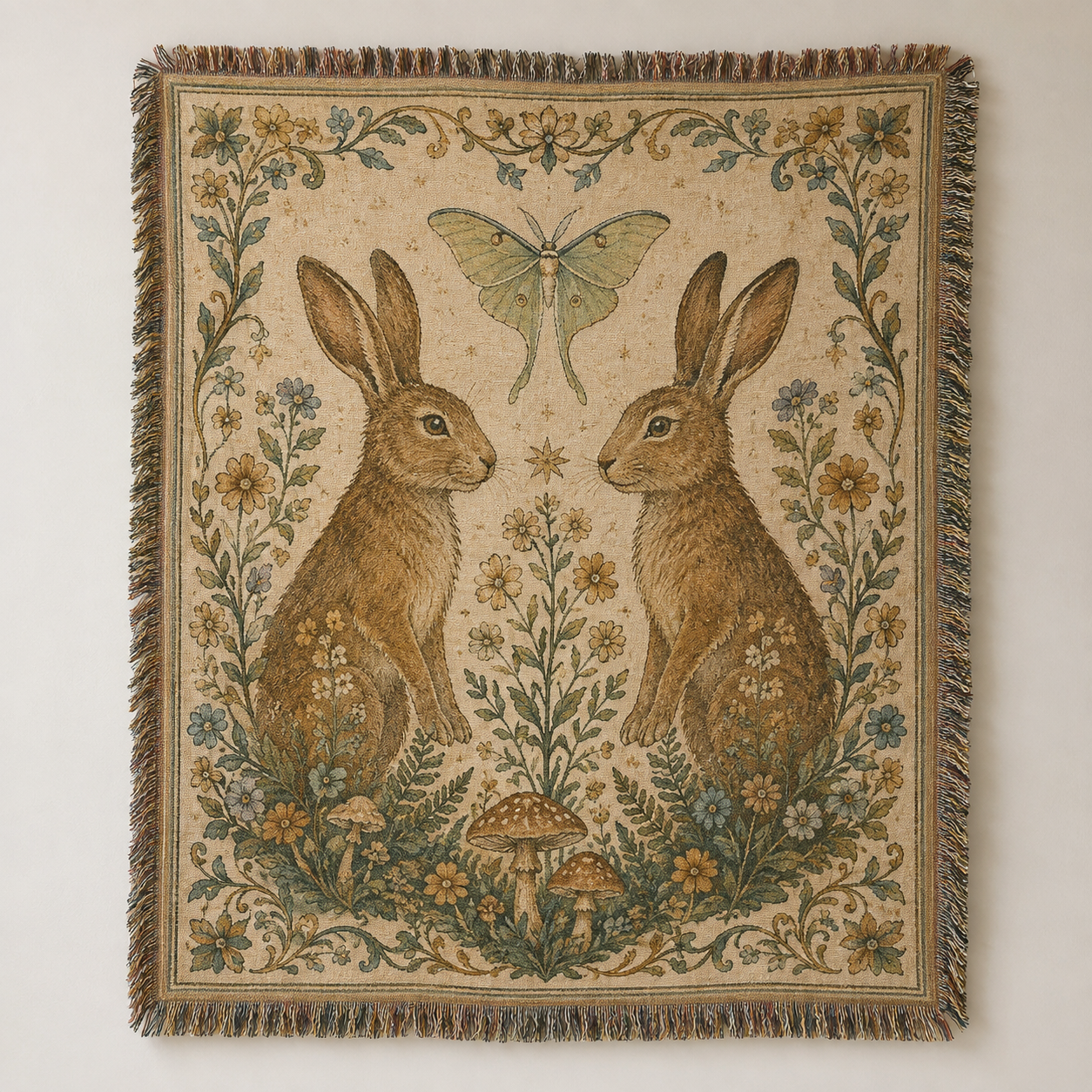 Woodland rabbits and luna moth woven tapestry blanket with wildflowers and mushrooms