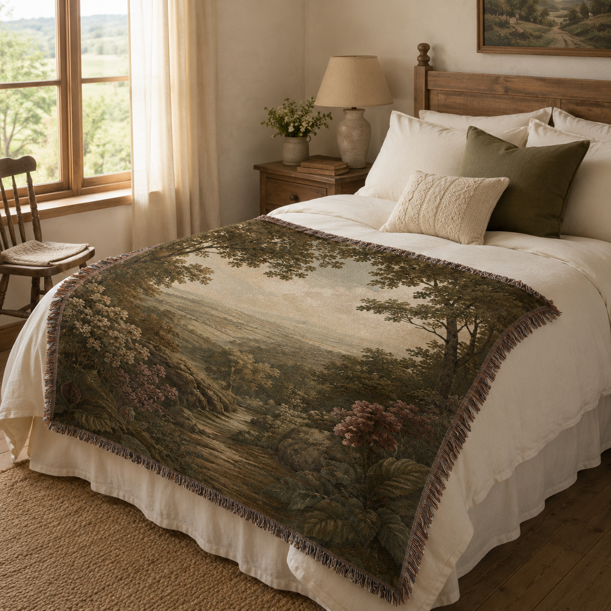 Woodland valley path woven blanket styled across a cozy cottage bed