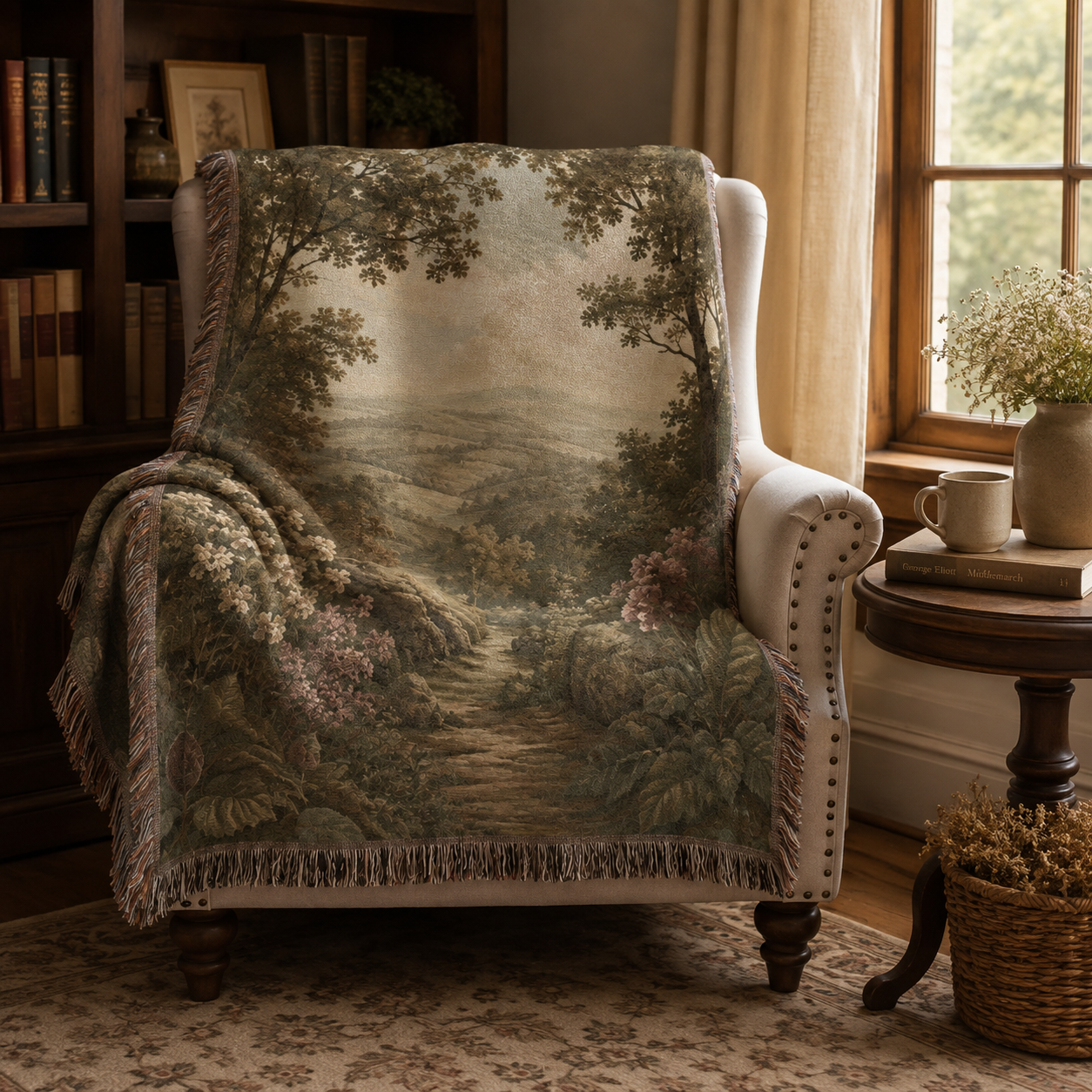 Woodland valley path woven blanket displayed on an armchair in a cozy reading nook