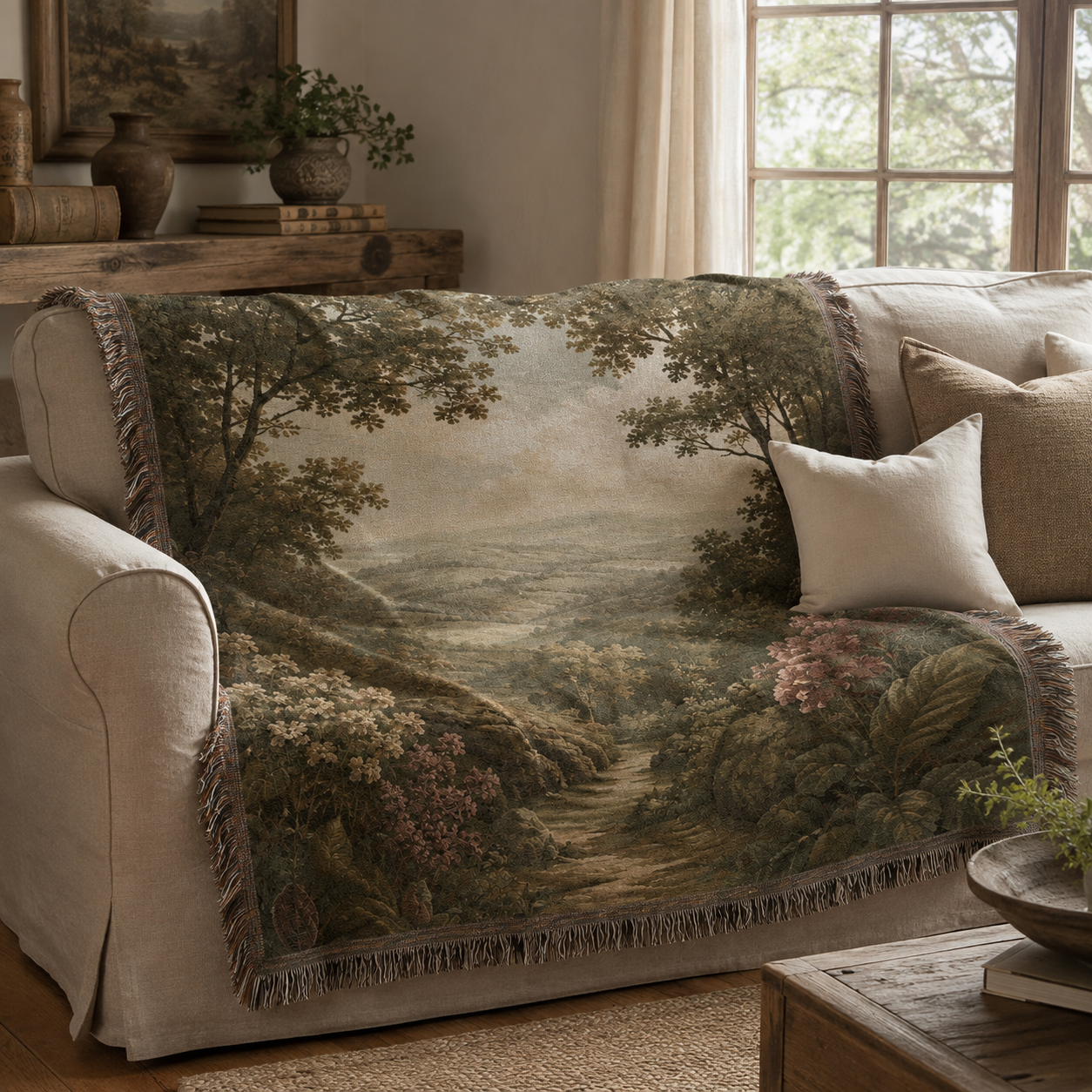 Woodland valley path woven blanket draped over a neutral sofa in a rustic living room