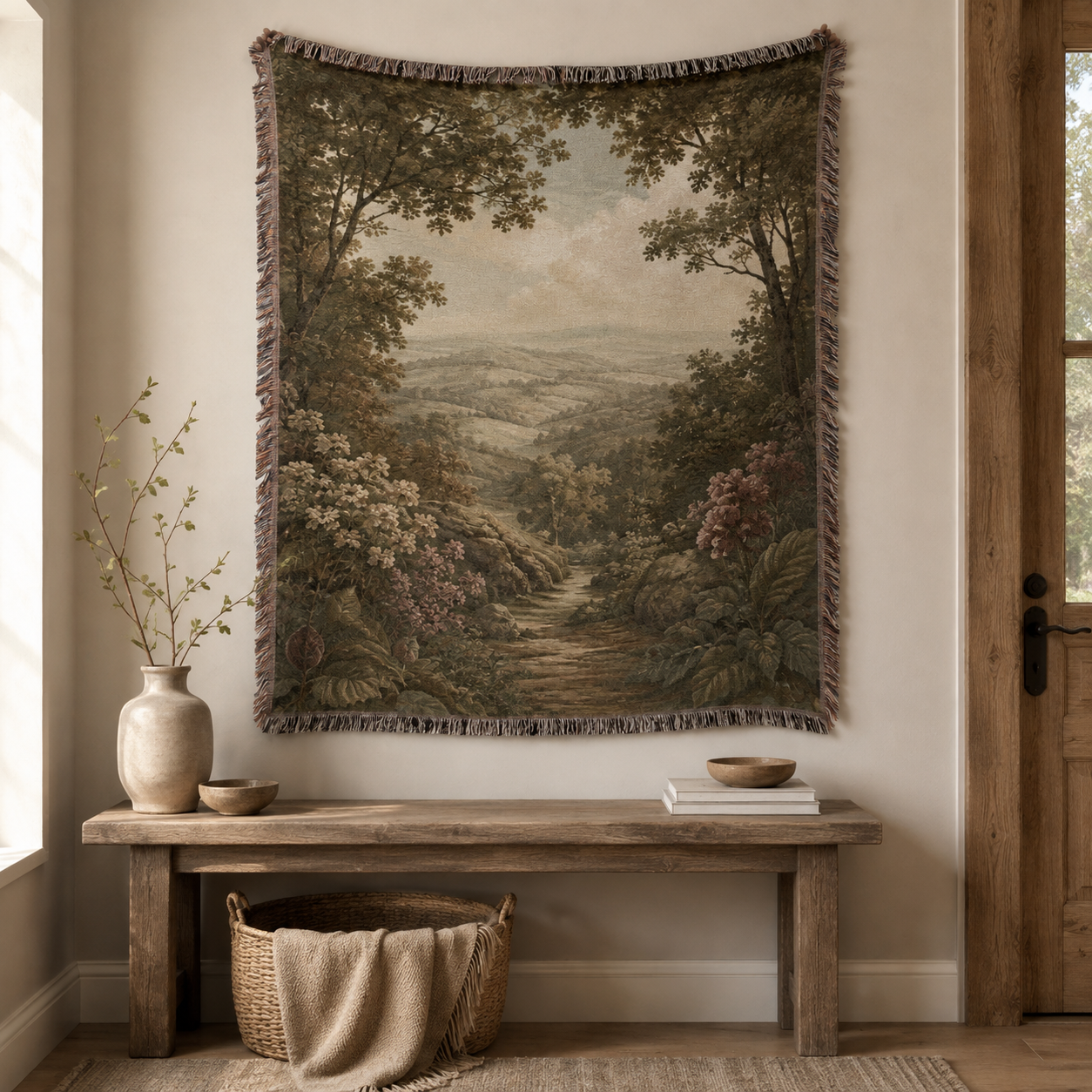 Woodland valley path woven blanket displayed as textile wall art above a rustic console table