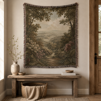 Woodland valley path woven blanket displayed as textile wall art above a rustic console table