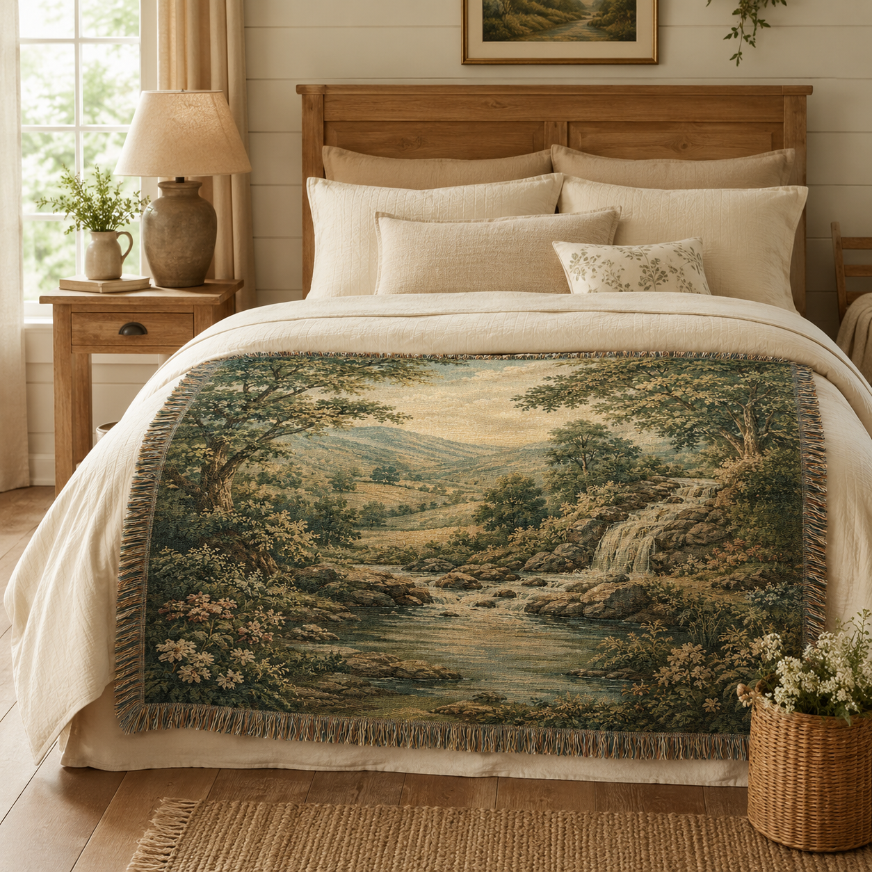 Scenic woodland waterfall woven throw displayed across a farmhouse bed