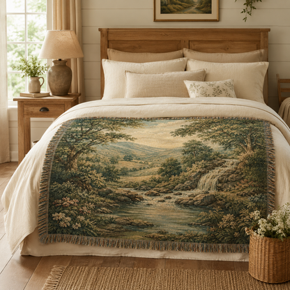 Scenic woodland waterfall woven throw displayed across a farmhouse bed