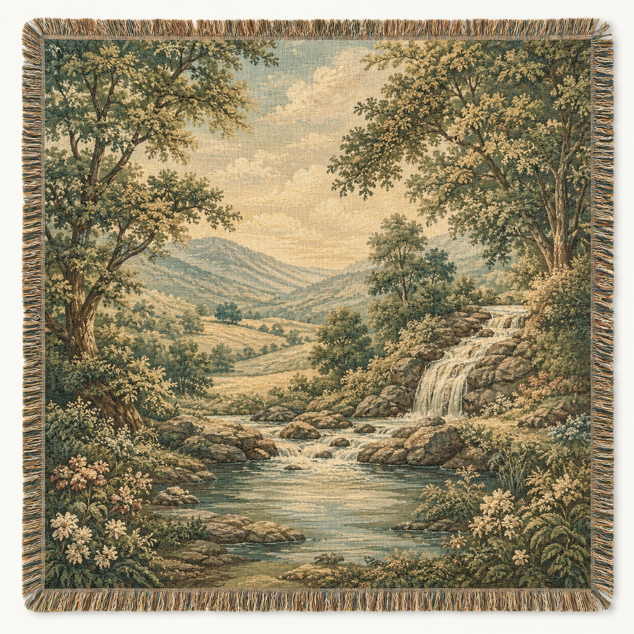 Vintage woodland waterfall woven blanket with pastoral landscape tapestry design