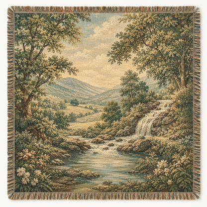 Vintage woodland waterfall woven blanket with pastoral landscape tapestry design
