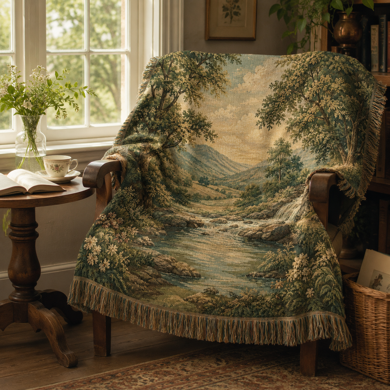 Vintage landscape woven blanket draped over a wooden reading chair