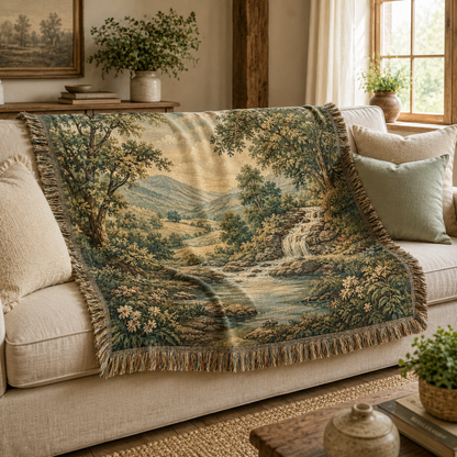 Woodland waterfall woven blanket styled on a cozy cottage sofa