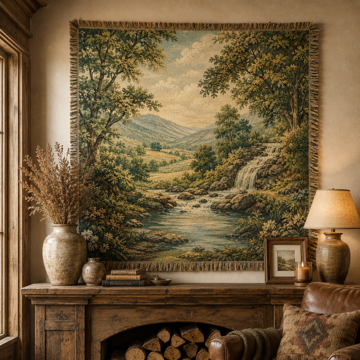 Woodland waterfall woven tapestry blanket displayed as rustic wall decor
