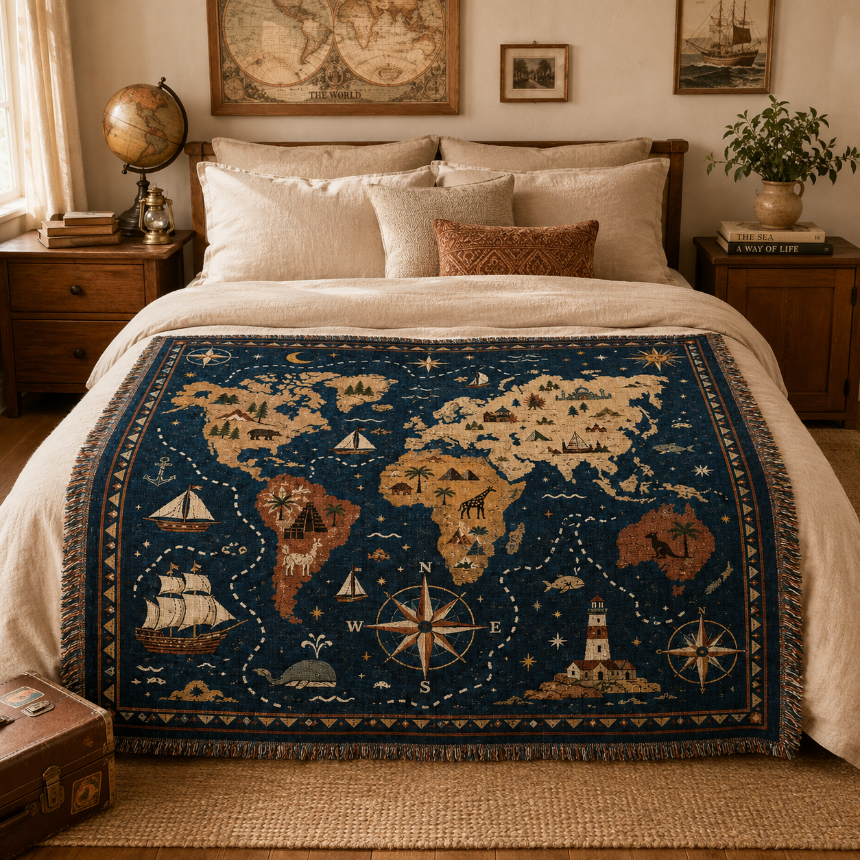 Vintage world map woven blanket styled across the foot of a warm neutral bed