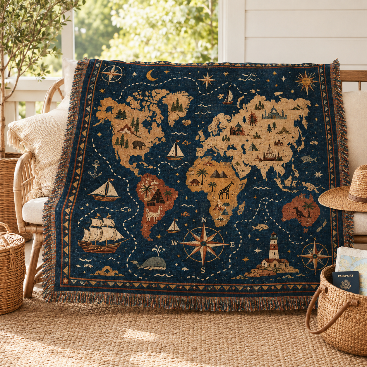 Vintage world map woven blanket styled on a sunlit porch with travel decor