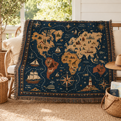Vintage world map woven blanket styled on a sunlit porch with travel decor