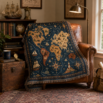Nautical world map woven blanket displayed on a leather chair in a reading nook