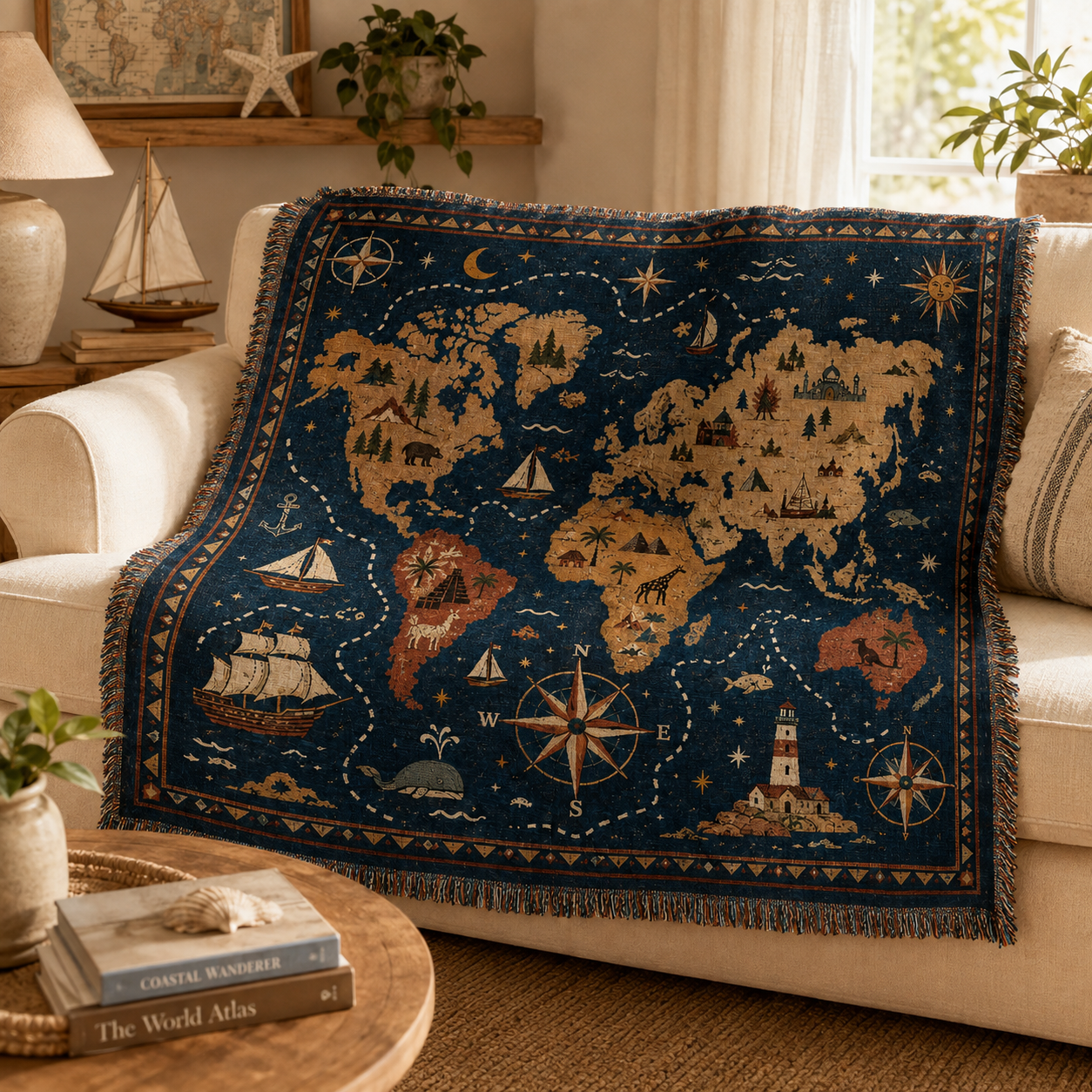 World map woven blanket draped over a cream sofa in a coastal explorer living room