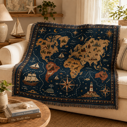 World map woven blanket draped over a cream sofa in a coastal explorer living room