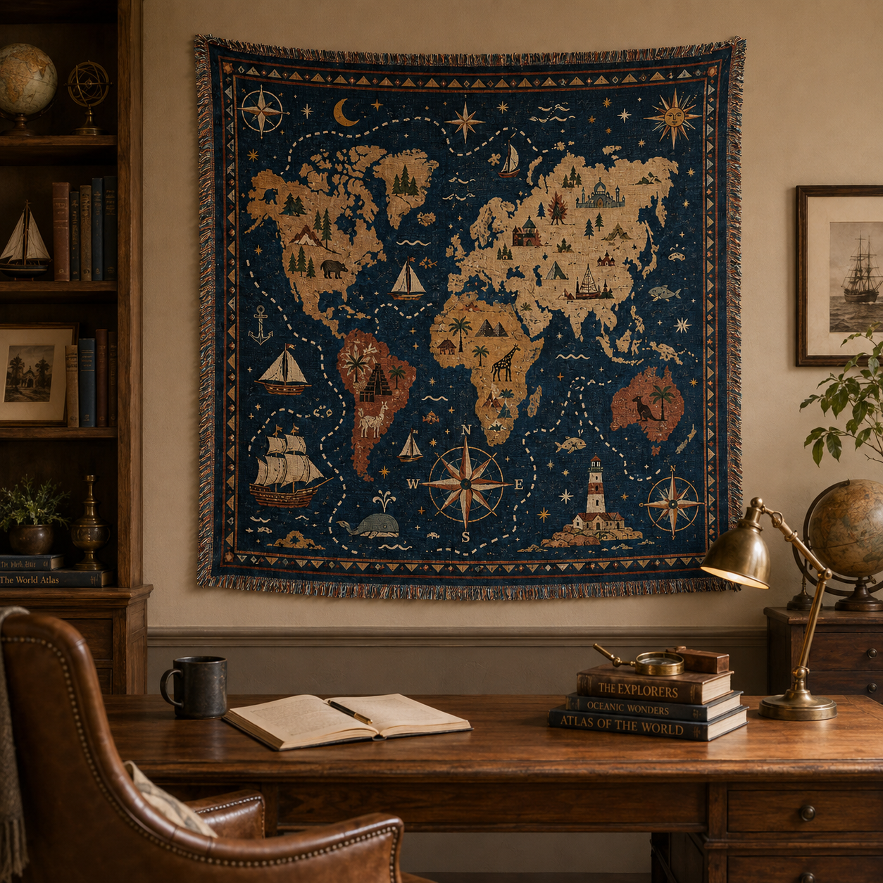 World map woven blanket displayed as wall tapestry decor in a vintage study