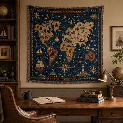 World map woven blanket displayed as wall tapestry decor in a vintage study