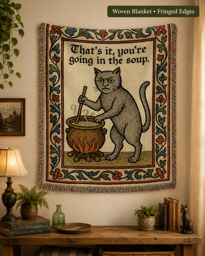 Funny medieval cat woven blanket displayed as wall decor