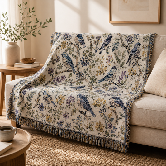 Vintage bluebird botanical woven blanket styled on a neutral living room sofa