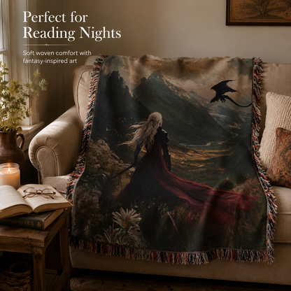 Woven blanket styled on a sofa for reading nights