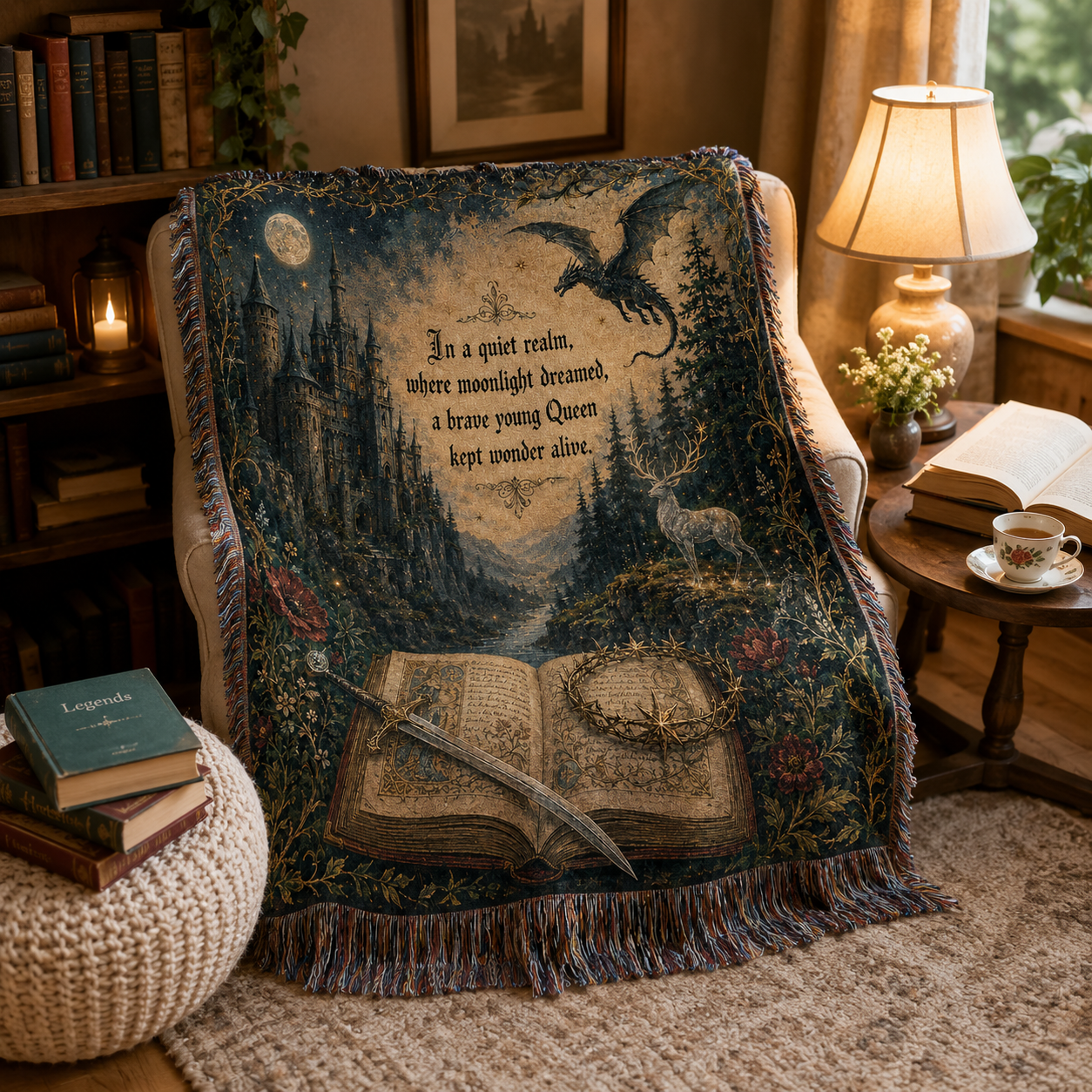 Moonlit queen fantasy woven blanket on a cozy reading chair