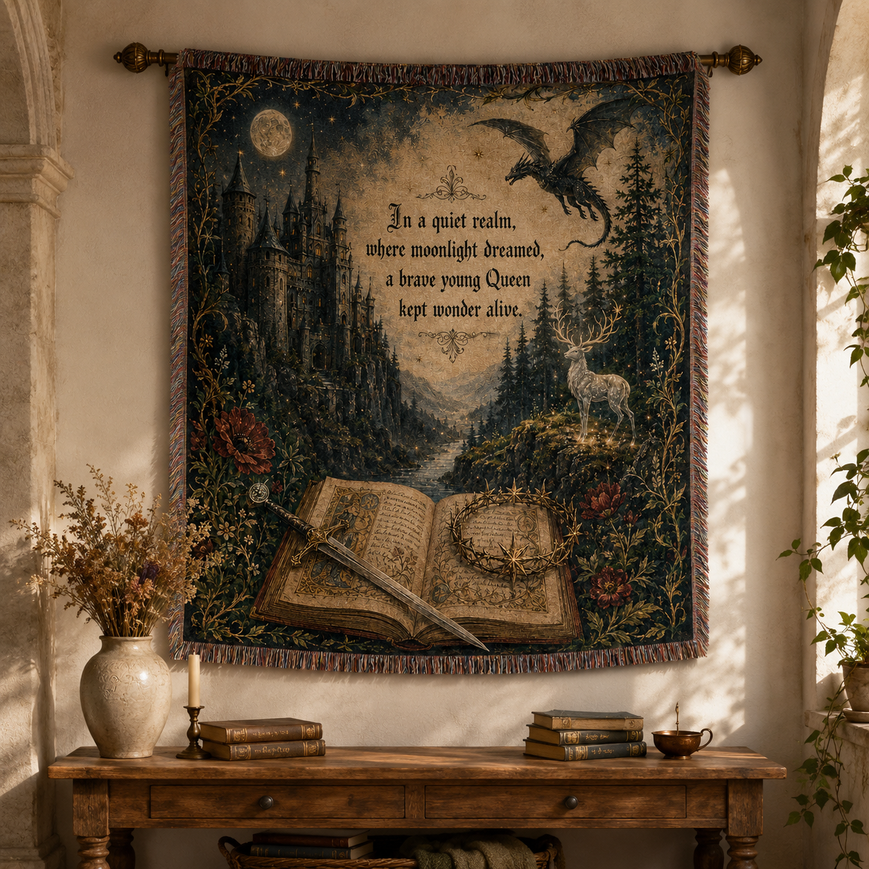 Moonlit queen fantasy woven blanket displayed on a wall above a wooden console